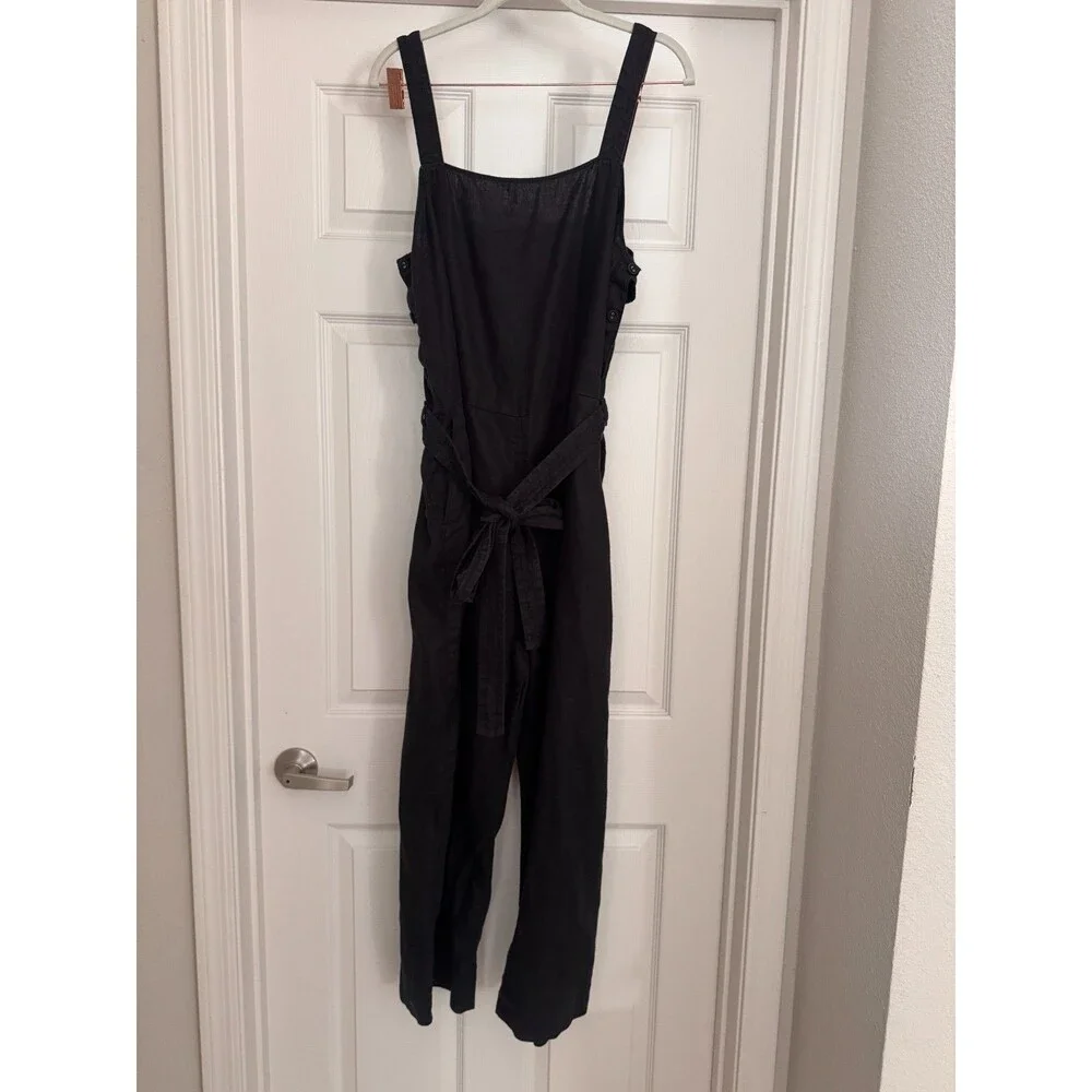 Everlane 100% European Flax Linen Black Side Button Jumpsuit Size 12 Wide Leg